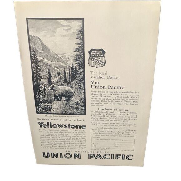 Vintage 1930 Union Pacific Rail Yellowstone Ad Advertisement - Picture 5 of 5